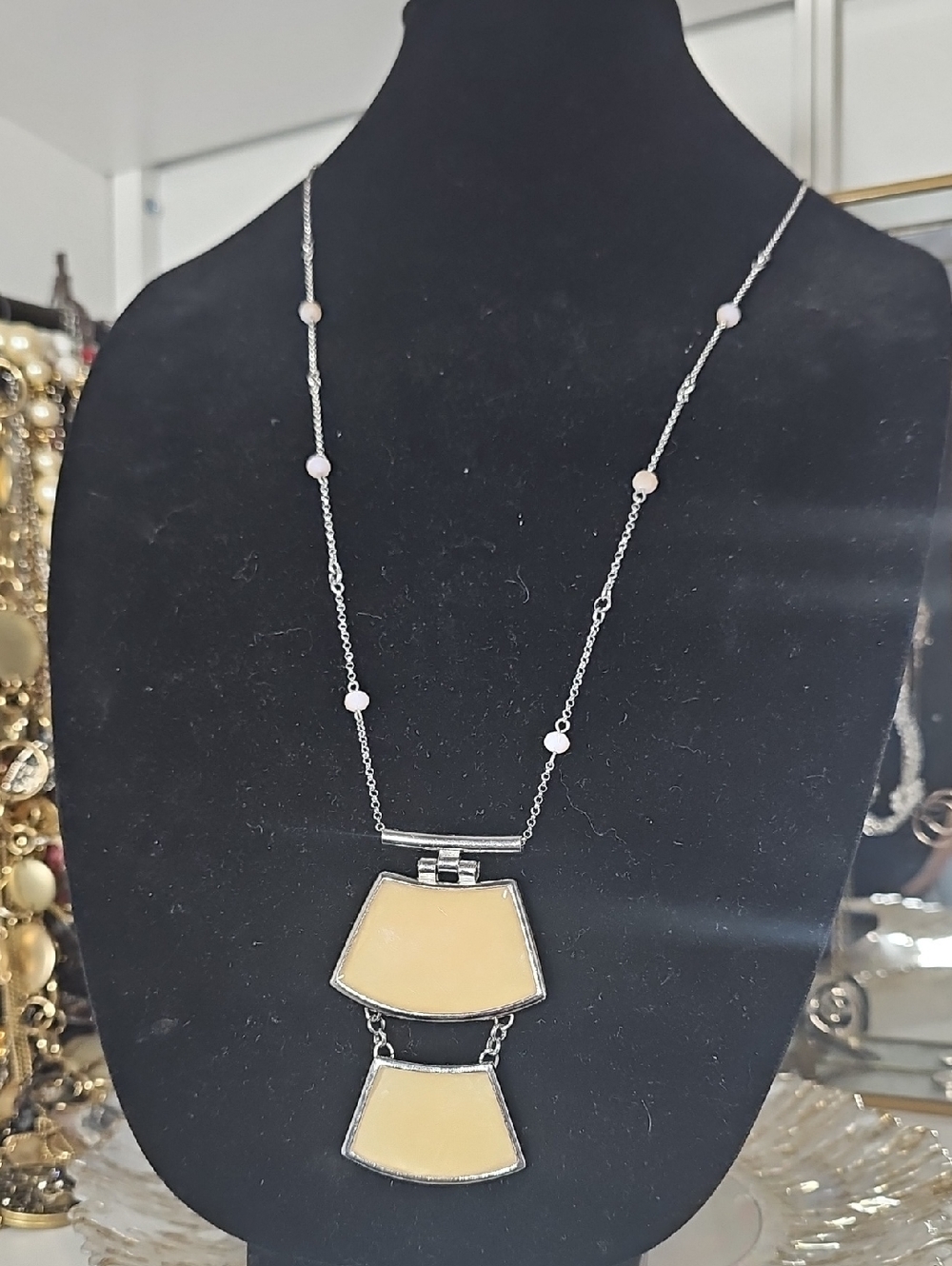 Chico's Silver Chain Necklace with Cream Geometric Pendant - Women Jewelry NWOT